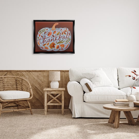 Stupell Industries Thankful Leaf Patterned Pumpkin Framed Floater Canvas Wall Art